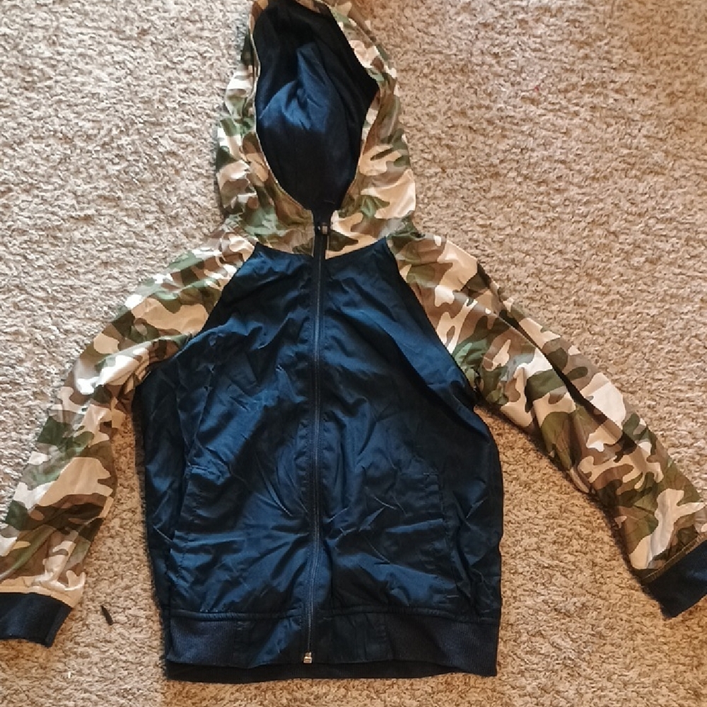 Navy Blue & Camouflage Hooded Windbreaker